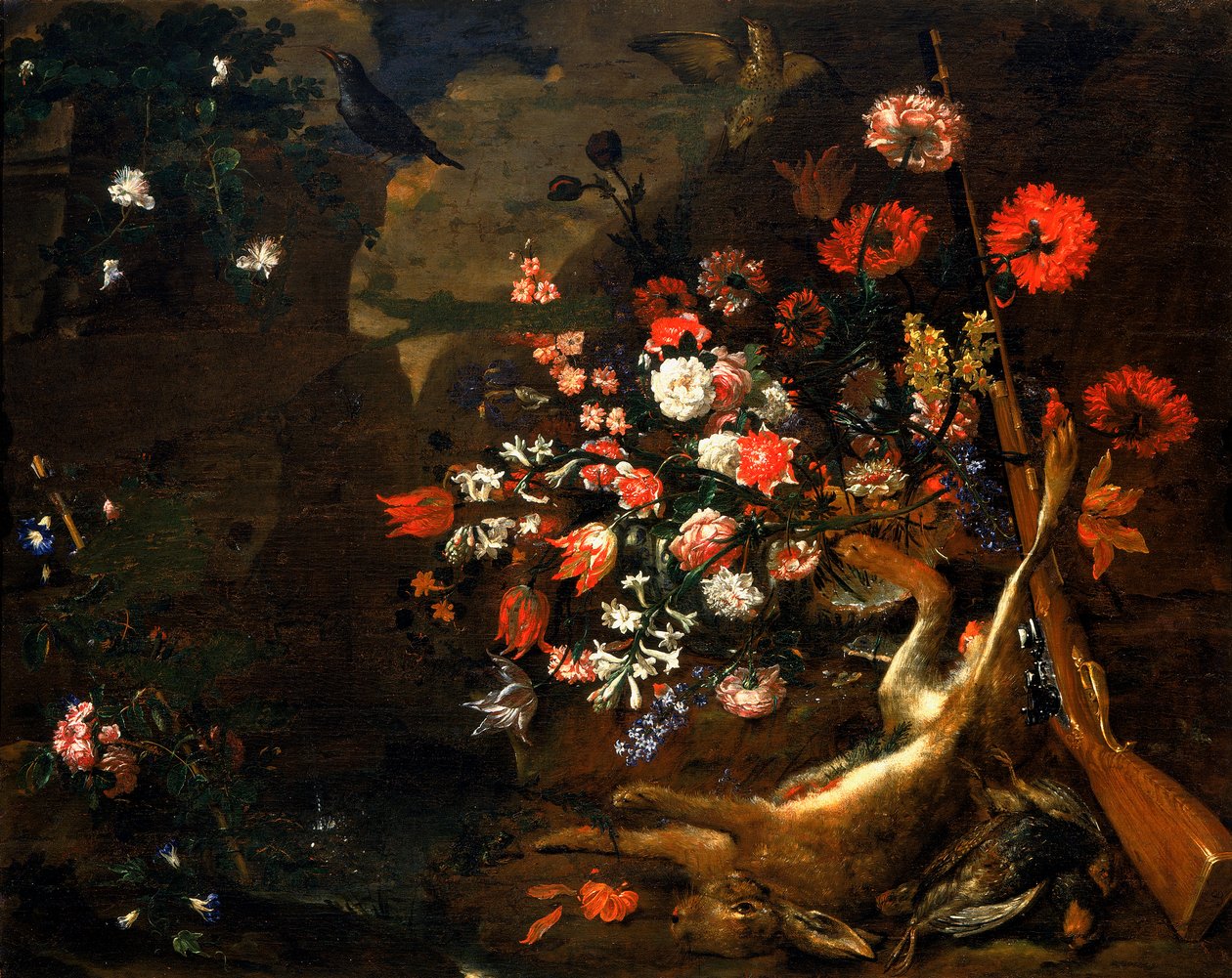 Martwa natura z kwiatami i dziczyzną autorstwa Bartolomeo Bimbi