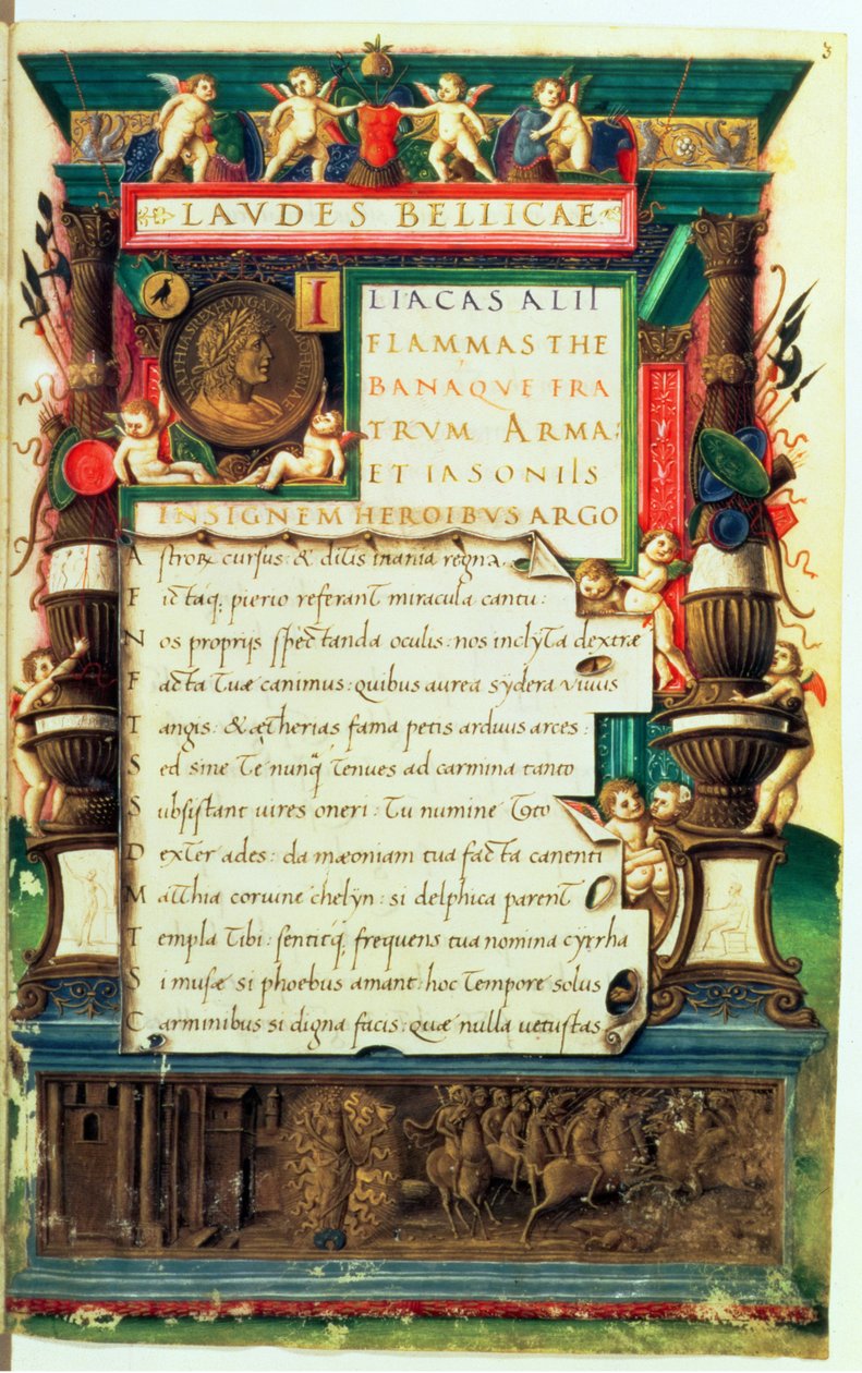 Ms 85.I.I.Aug.2, f.3r Rękopis prezentacji dla Macieja Korwina, z Laudes Bellicae Aleksandra Cortesiusa, Rzym, c.1480-90 autorstwa Bartolomeo Sanvito
