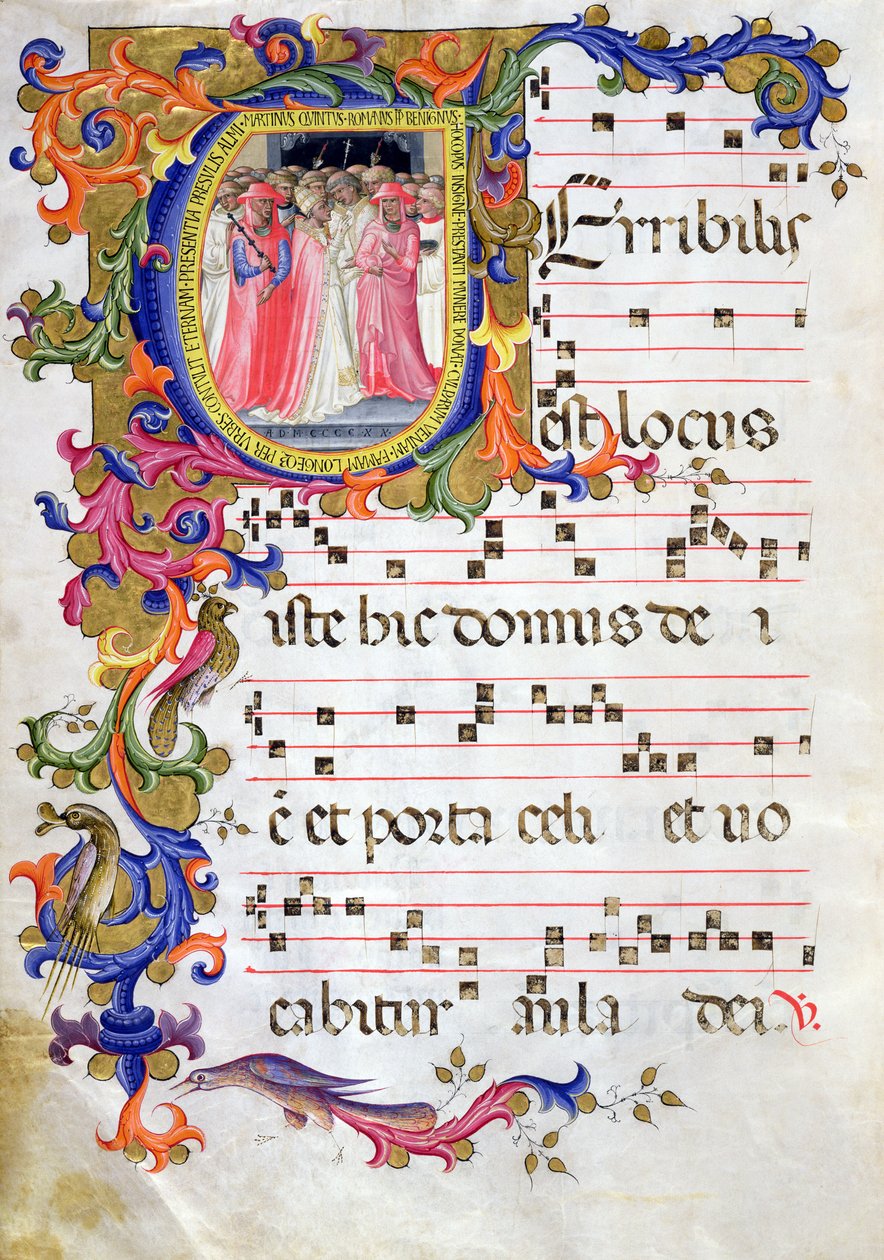 Ms 557 f.61v Page z historycznym inicjałem „U” przedstawiającym papieża Marcina V (1368-1431) konsekrującego kościół Sant