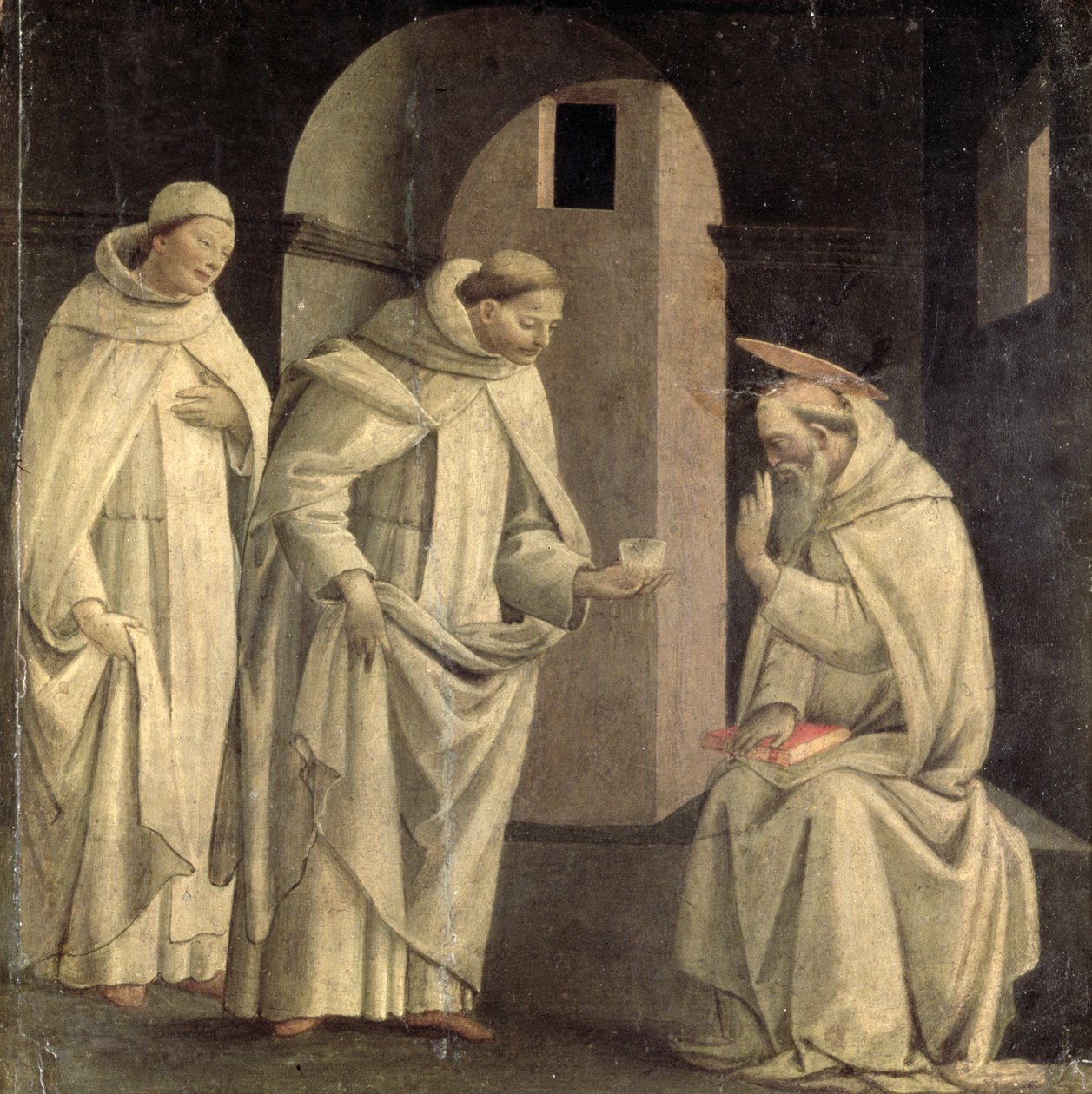 Sceny z życia św. Benedykta: Św. Benedykt błogosławi kielich trucizny, która pęka, predella panel, ok. 1488 (panel) autorstwa Bartolomeo di Giovanni