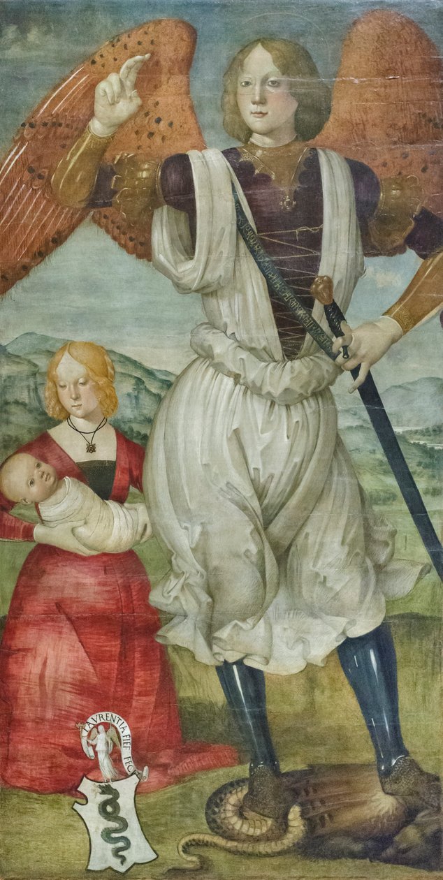 Święty Michał Archanioł z Teodorą Visconti i nowo narodzonym synem, ok. 1486-87 (tempera na panelu) autorstwa Bartolomeo (attr. to) Della Gatta
