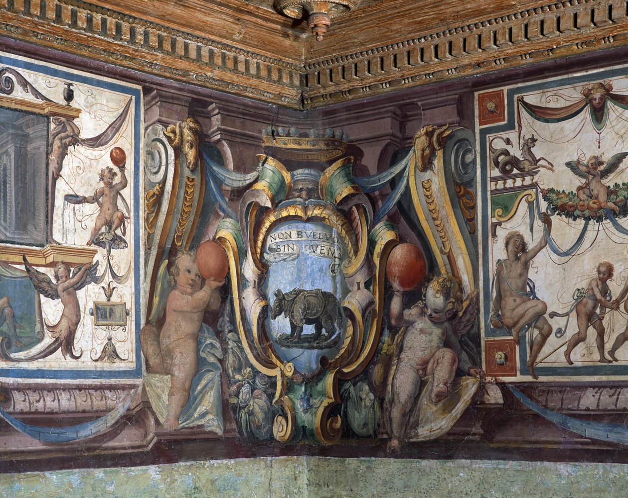 Sala del Granduca di Toscana Sala Wielkiego Księcia Toskanii detal fryzu przedstawiający znaki zodiaku, nosorożca, fresk 1564-75 autorstwa Bartolomeo Ammannati