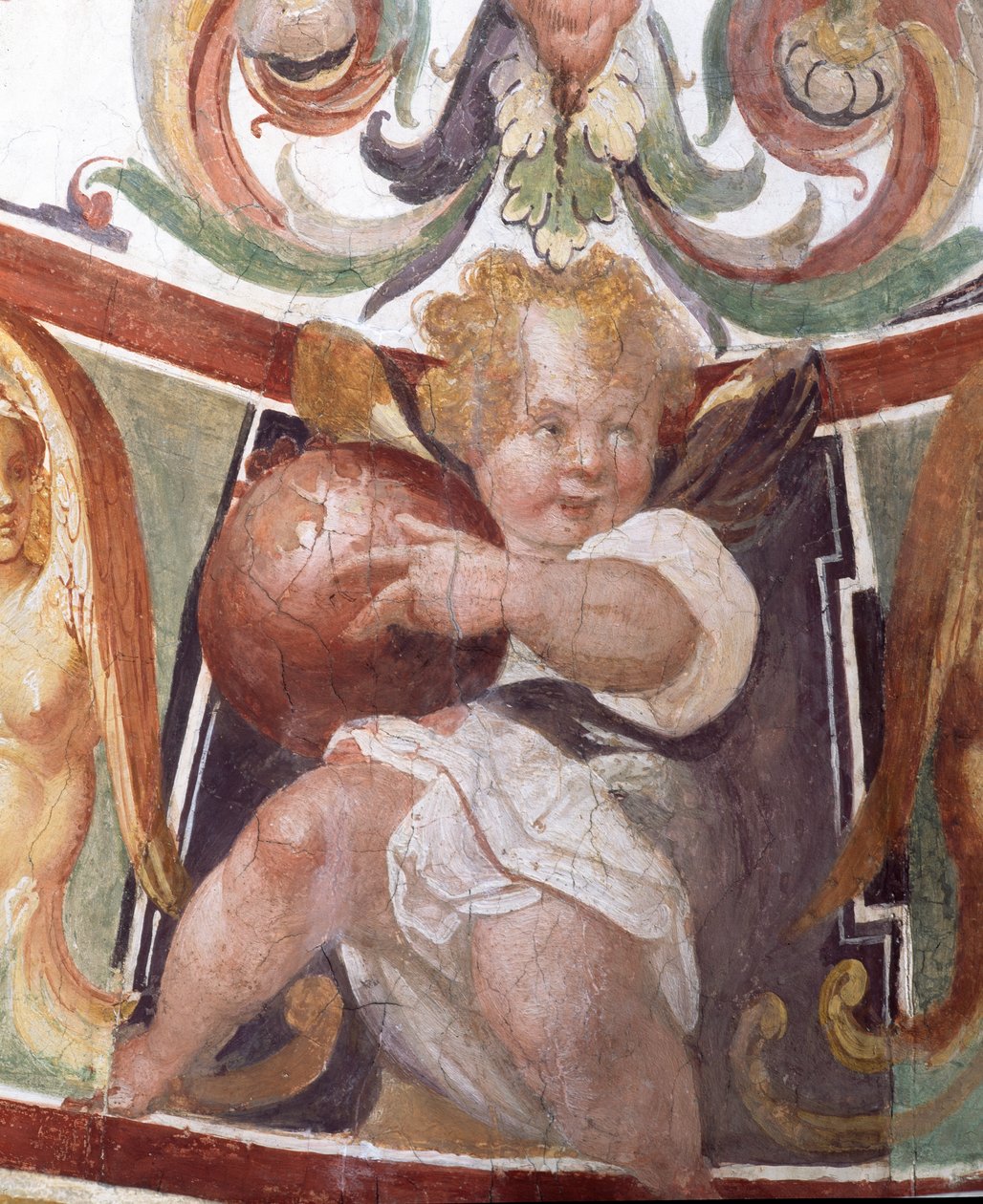 Studiolo Studium Francesco deMedici 1541-87 detal dekoracji przedstawiającej putto trzymające kulę ziemską, fresk 1564-75 autorstwa Bartolomeo Ammannati