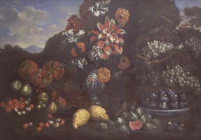 Kwiaty w dzbanku z majoliki z owocami w krajobrazie autorstwa Bartolomeo Bimbi