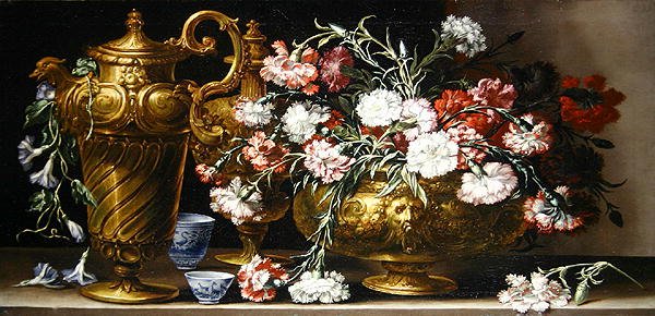 Martwa natura z różami w etui i dzbankiem florenckim na półce (olej na płótnie) autorstwa Bartolomeo Bimbi