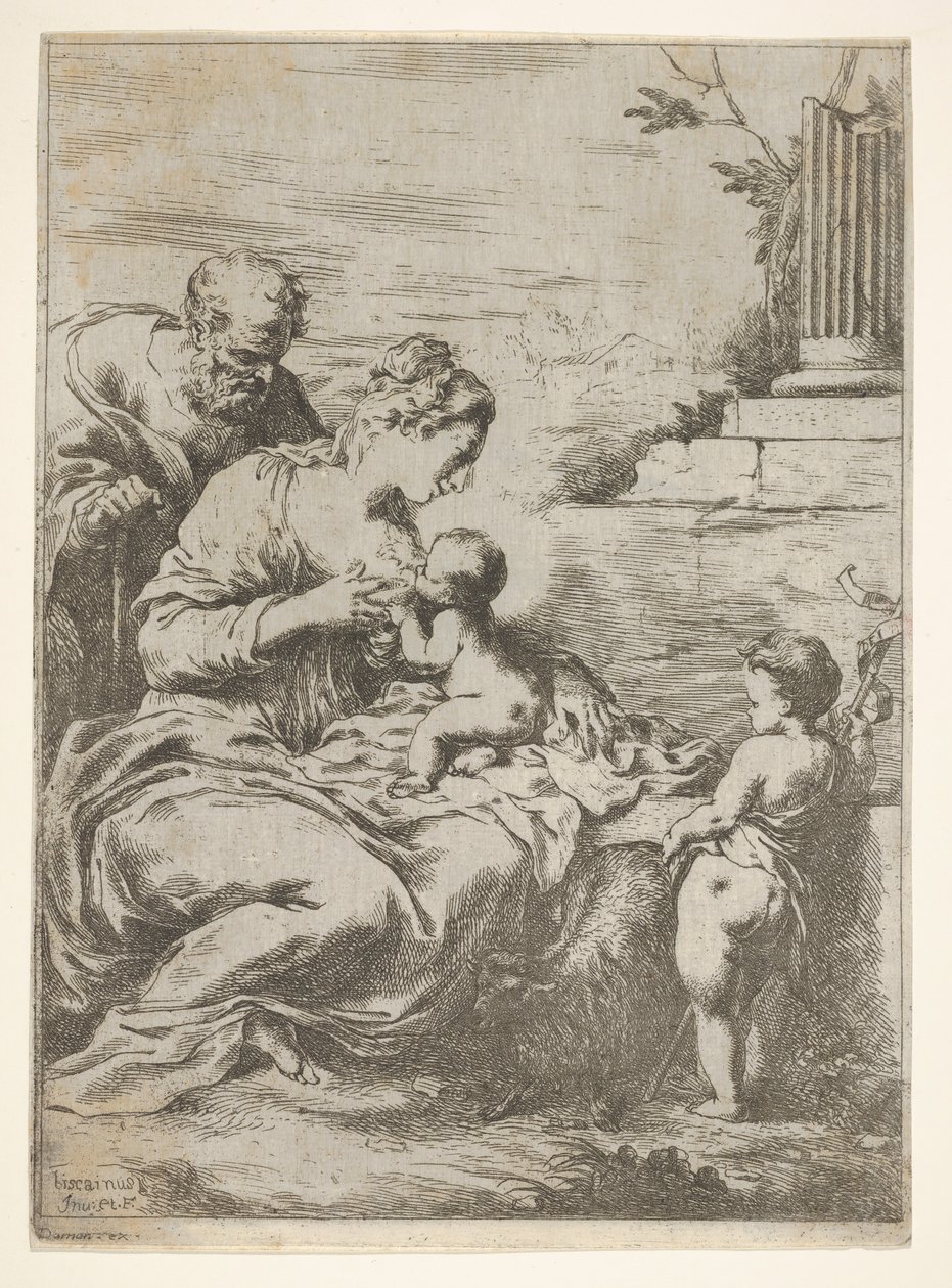 Święta Rodzina z niemowlęciem św. Janem Chrzcicielem po prawej, 1650-57. autorstwa Bartolomeo Biscaino