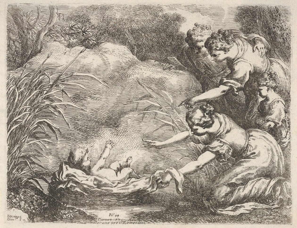 Odnalezienie Mojżesza uratowanego z Nilu przez służebnice faraonów daug..., 1650-57. autorstwa Bartolomeo Biscaino