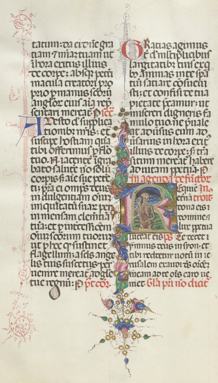 Mszał: Fl. 387v: Śmierć reprezentowana jako szkielet z sierpem, 1469. autorstwa Bartolomeo Caporali