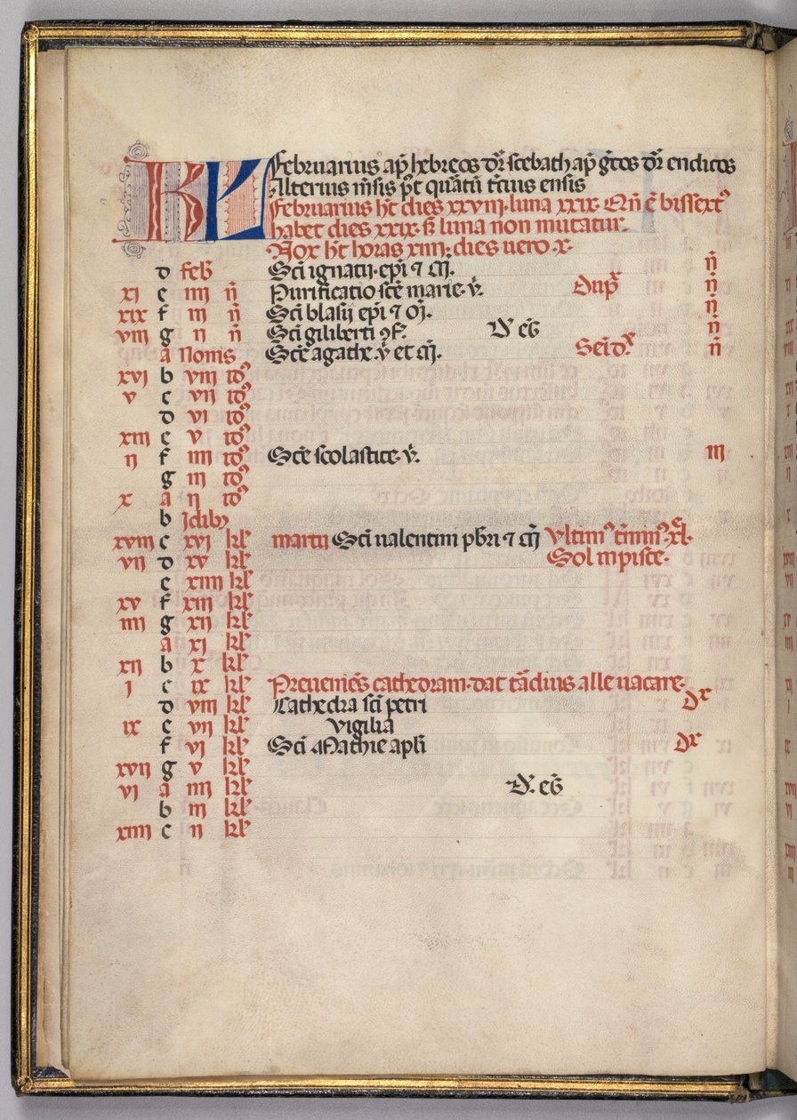 Mszał: Fl. 3v: Strona kalendarza lutowego, 1469. autorstwa Bartolomeo Caporali