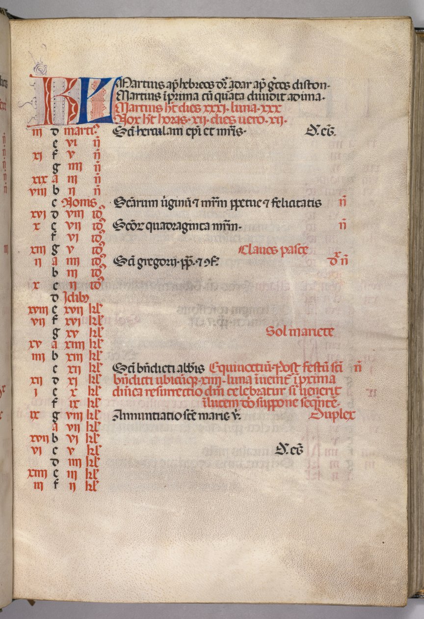 Mszał: Fl. 4r: Strona kalendarza marcowego, 1469. autorstwa Bartolomeo Caporali