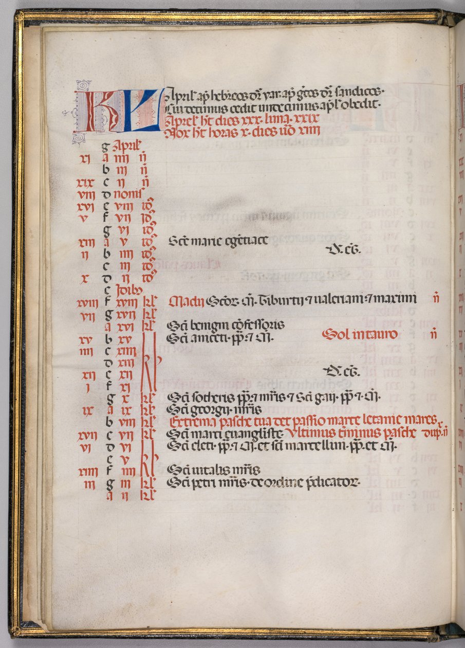 Mszał: Fl. 4v: Strona kalendarza kwietniowego, 1469. autorstwa Bartolomeo Caporali