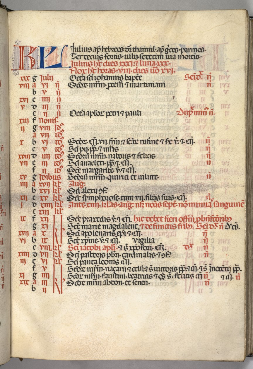 Mszał: Fl. 6r: Strona kalendarza lipcowego, 1469. autorstwa Bartolomeo Caporali