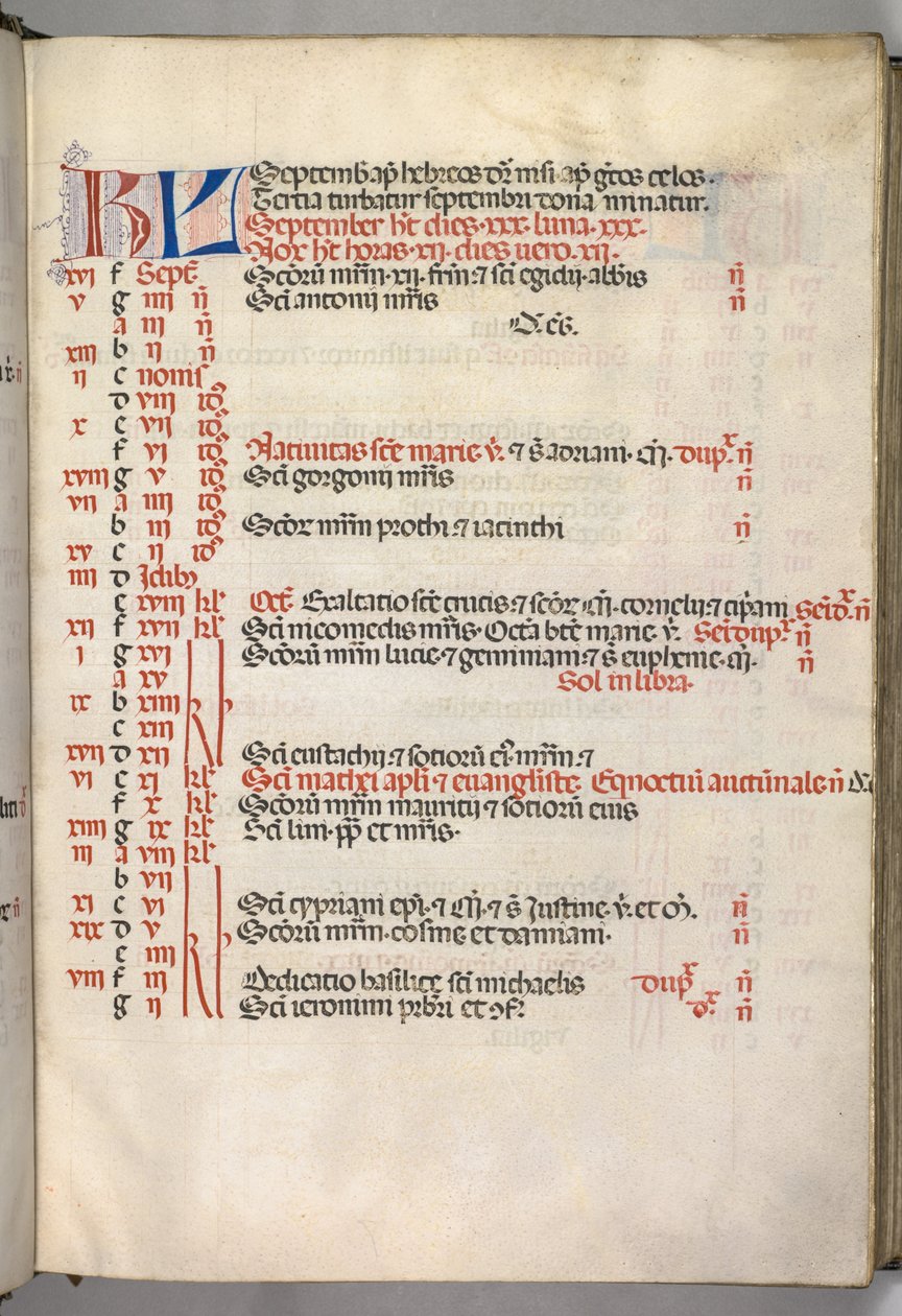 Mszał: Fl. 7r: Strona kalendarza września, 1469. autorstwa Bartolomeo Caporali