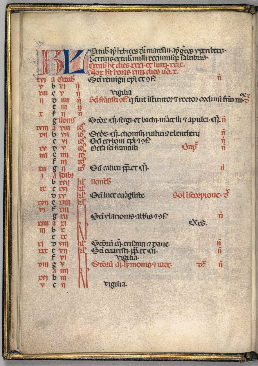 Mszał: Fl. 7v: Październikowa strona kalendarza, 1469. autorstwa Bartolomeo Caporali