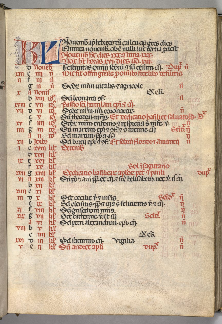 Mszał: Fl. 8r: Listopadowa strona kalendarza, 1469. autorstwa Bartolomeo Caporali