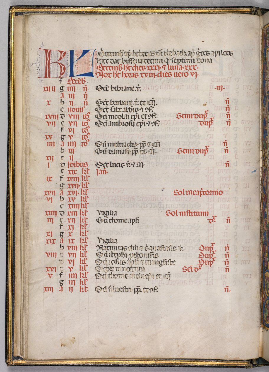 Mszał: Fl. 8v: Grudniowa strona kalendarza, 1469. autorstwa Bartolomeo Caporali