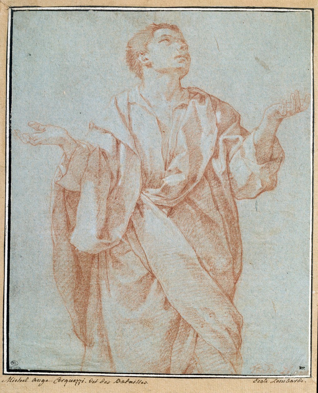 Mężczyzna udrapowany, ręce otwarte, oczy wzniesione ku niebu, głowa przekrzywiona Rysunek a la sanguine Bartolomeo Cesi (1556-1620) Wym. 0,28 x 0,23 m Paryż. Muzeum w Luwrze autorstwa Bartolomeo Cesi