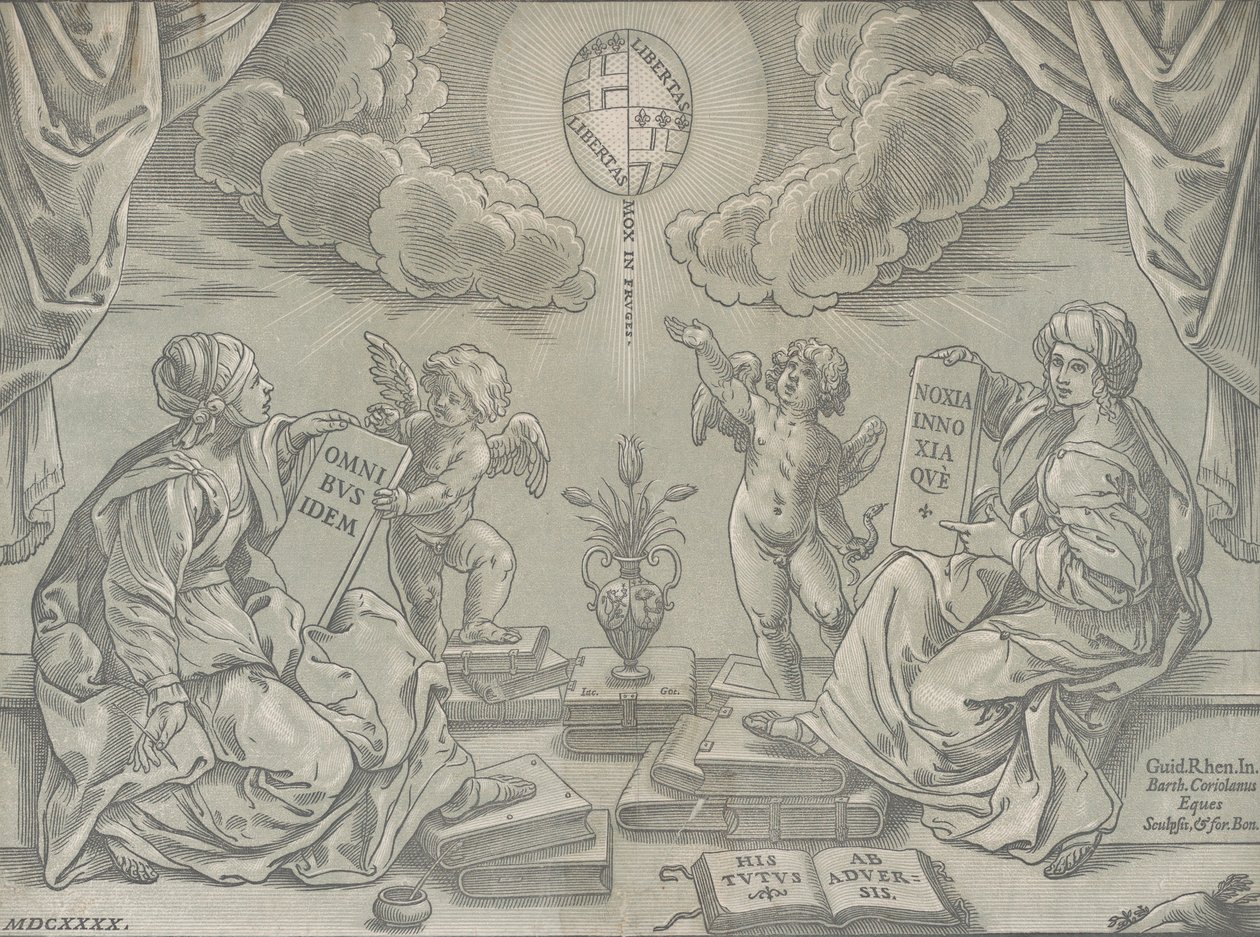 Alegoria tezy, dwie kobiety trzymają tablice inskrypcyjne, 1640. autorstwa Bartolomeo Coriolano
