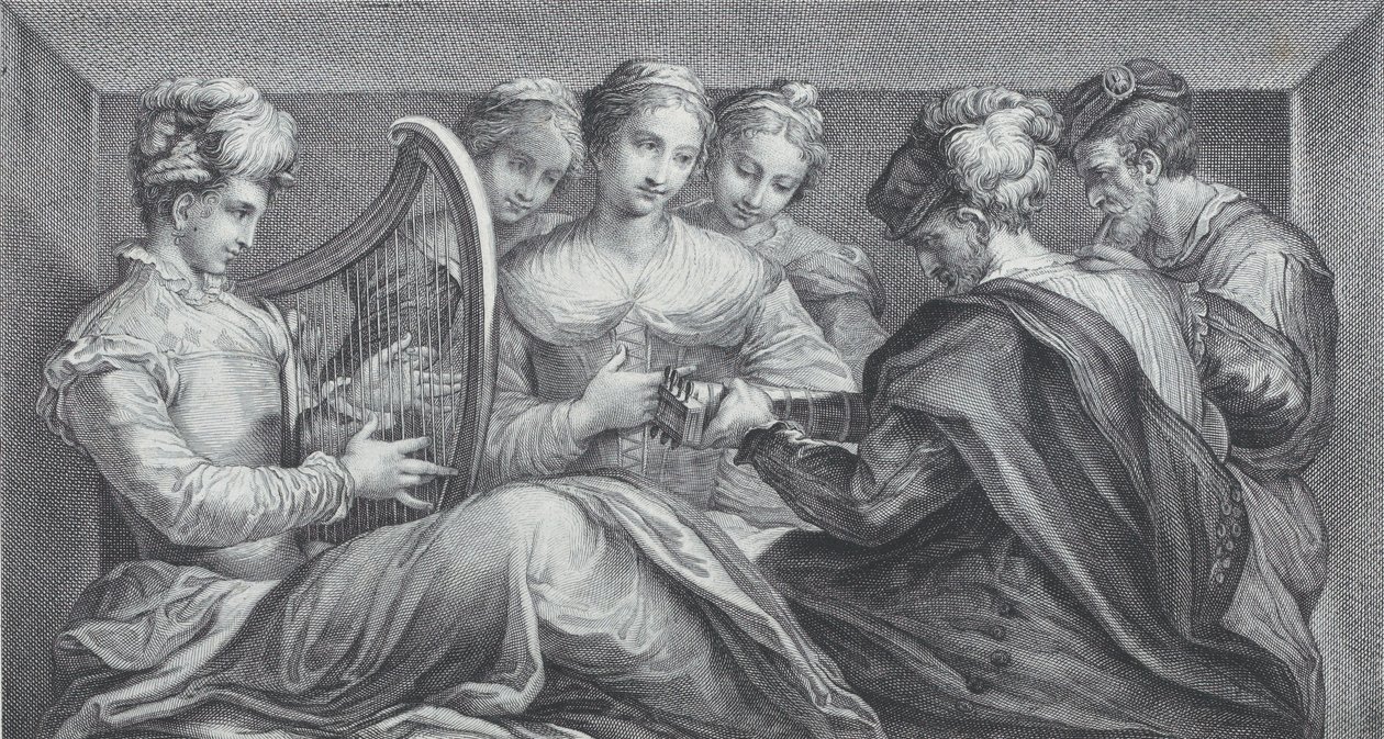 Grupa elegancko ubranych ludzi grających na harfie i gitarze, 1740-68 autorstwa Bartolomeo Crivellari
