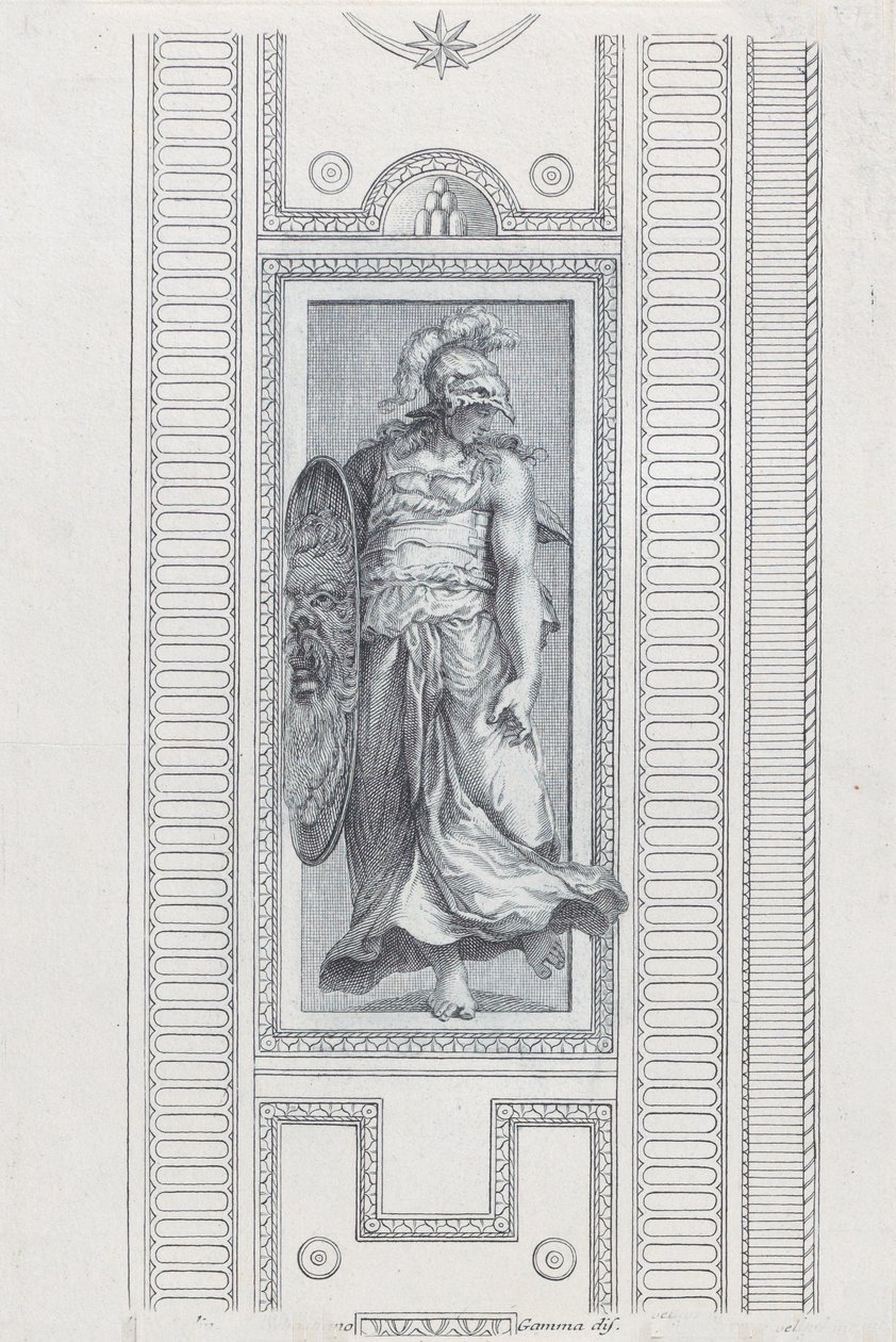Tablica 15: mitologiczna postać w hełmie i trzymająca tarczę, 1756 autorstwa Bartolomeo Crivellari