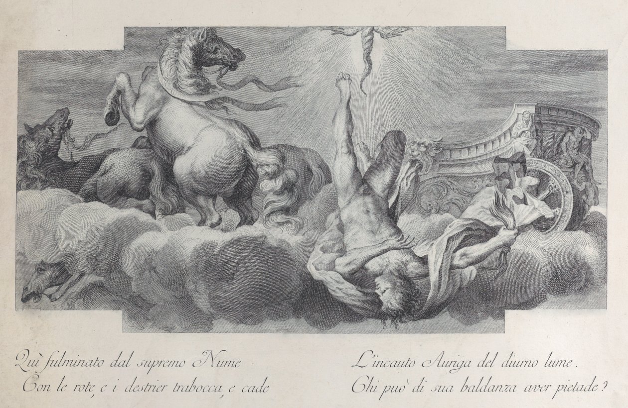 Ilustracja 34: Woźnica Auriga spada z rydwanu pośrodku, z trzema końmi w l..., 1756 autorstwa Bartolomeo Crivellari