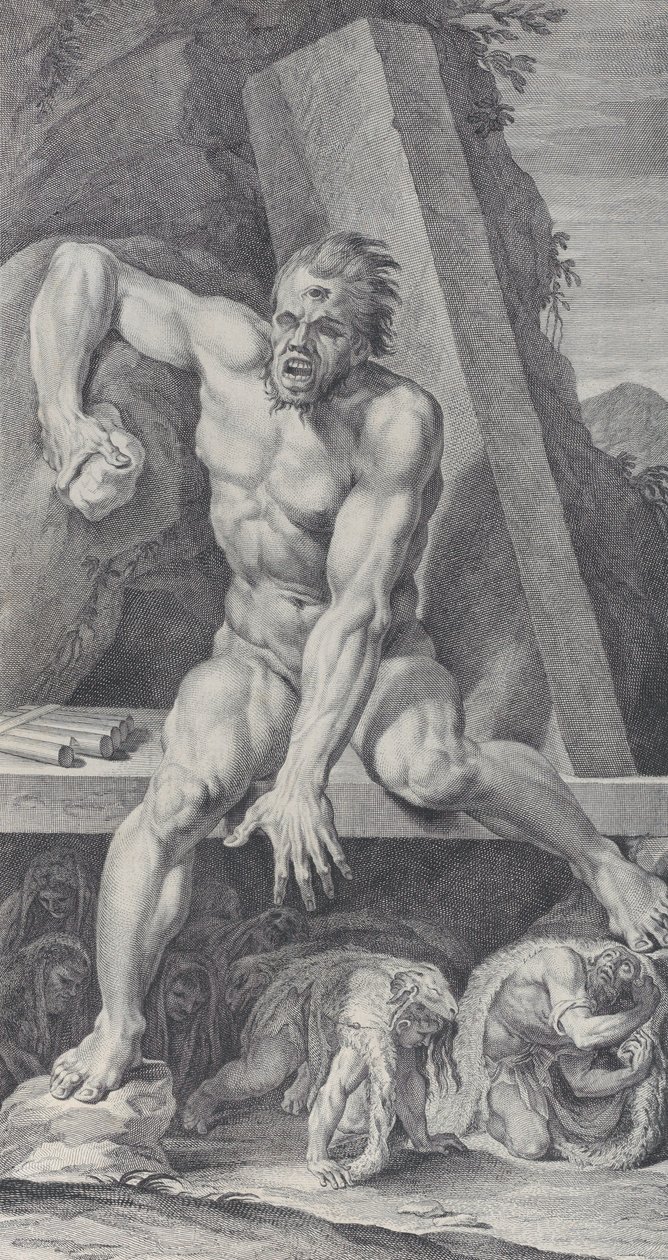 Ilustracja 7: oślepiony Polifem, strzegący wejścia do swojej jaskini, z Ulissesem i jego..., 1756 autorstwa Bartolomeo Crivellari