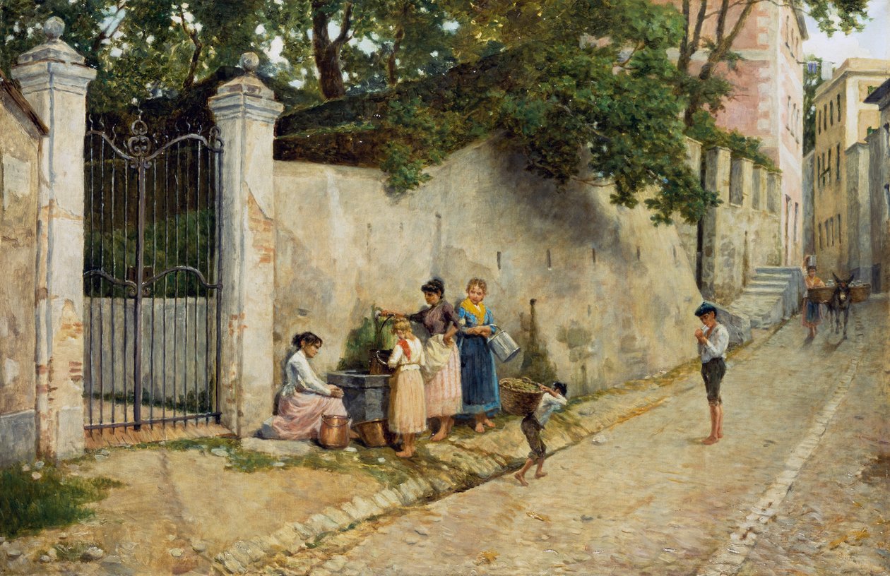 Przy fontannie, Bartolomeo Giuliano (1825-1909), olej na płótnie, 64,5x100 cm autorstwa Bartolomeo Giuliano