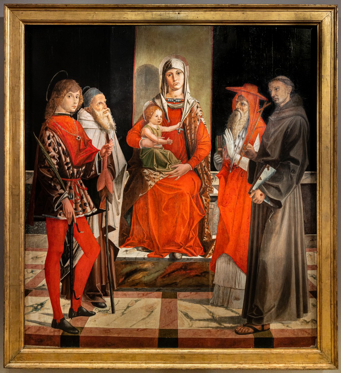 Tronująca Madonna z Dzieciątkiem Jezus wśród świętych Ansanus, Antoniego Wielkiego, Hieronima i Franciszka autorstwa Bartolomeo Montagna