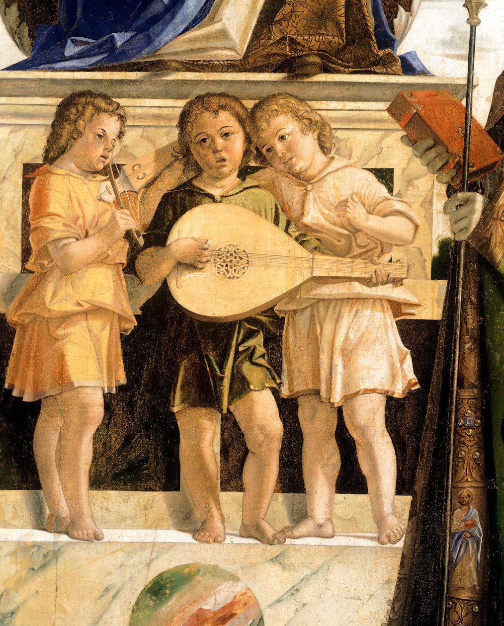 Madonna z Dzieciątkiem na tronie ze świętymi Janem Chrzcicielem, Bartłomiejem i Sebastianem – Bartolomeo Cincani znany jako Il Montagna (1450-1523). Szczegół. autorstwa Bartolomeo Montagna
