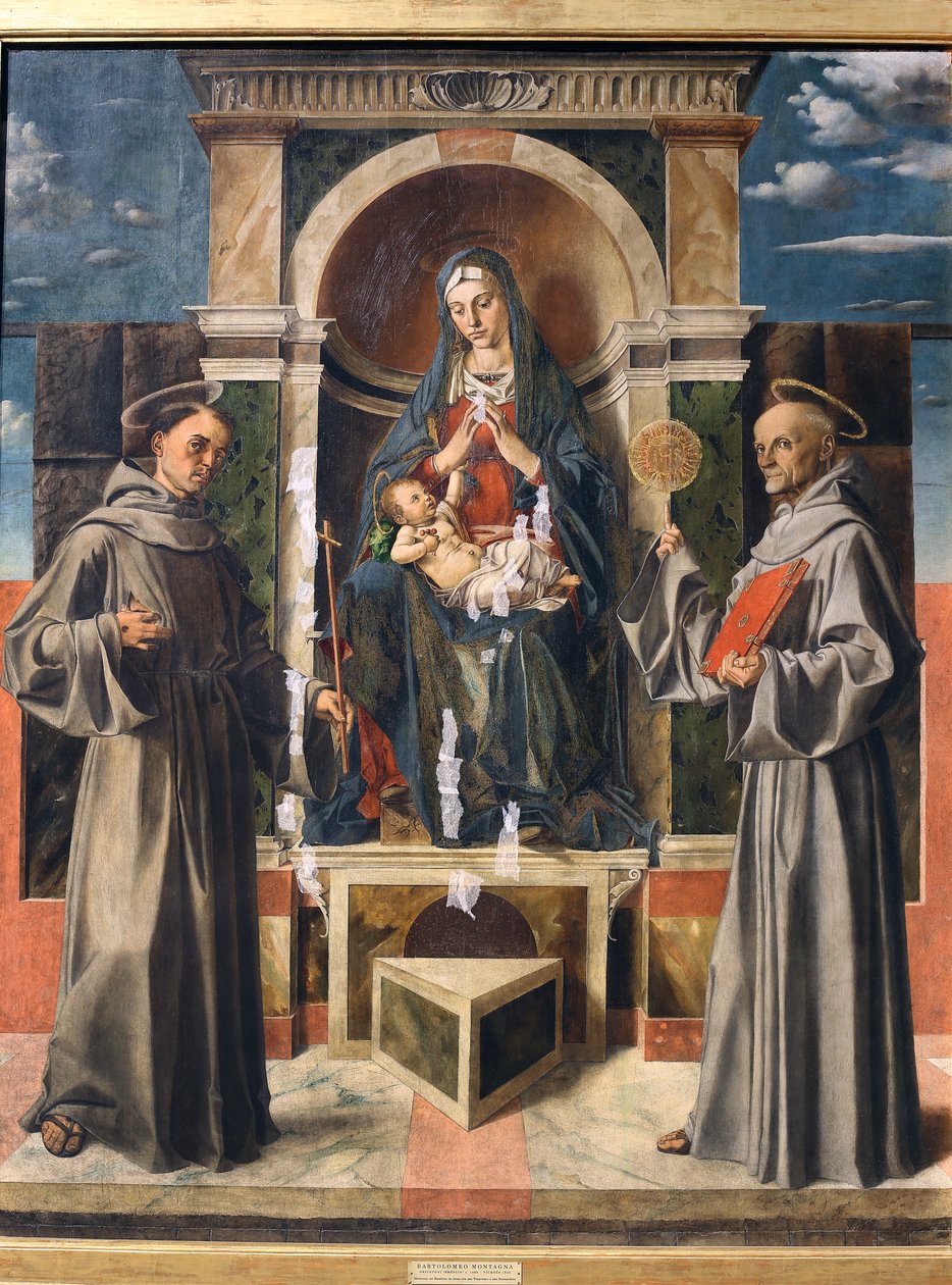 Madonna z Dzieciątkiem na tronie między św. Franciszkiem a św. Bernardynem ze Sieny, ok. 1490 r autorstwa Bartolomeo Montagna