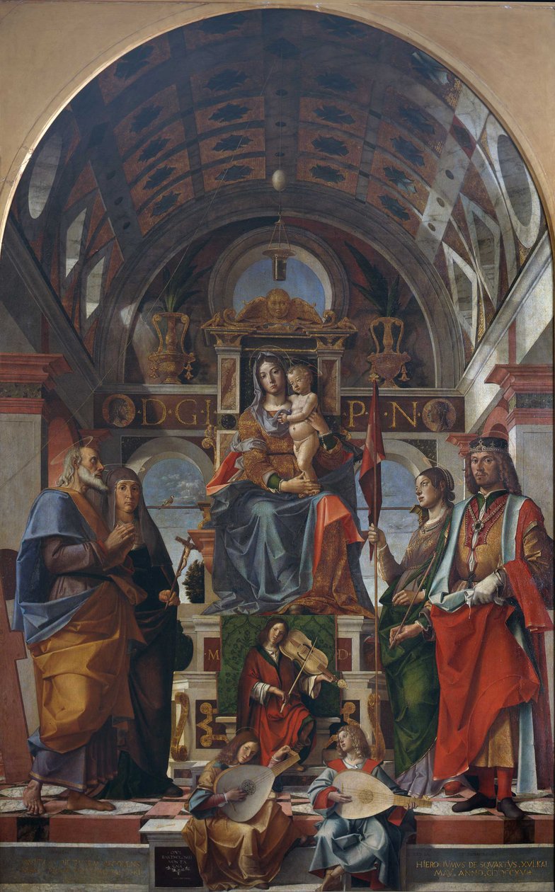 Dziewica z Dzieciątkiem na tronie ze świętymi i aniołami grającymi muzykę, 1499. autorstwa Bartolomeo Montagna