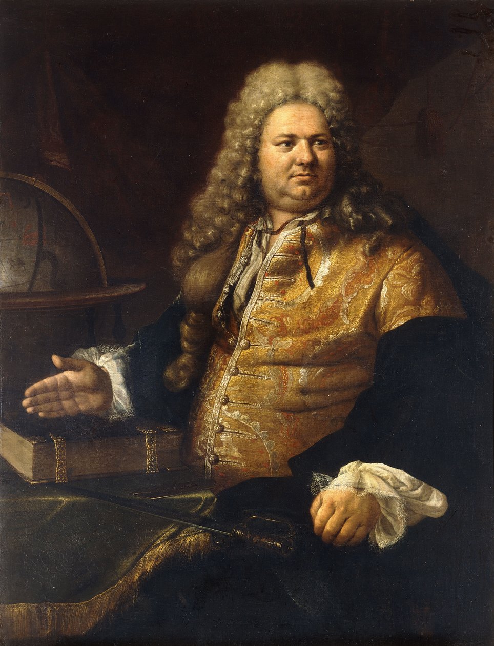 Portret dżentelmena, podobno aktor James Quin, w tytułowej roli Cato Addisona, siedzący w trzech czwartych długości, w brokatowym płaszczu i zielonym płaszczu przy stole z słowem, książką i globusem autorstwa Bartolomeo Nazzari