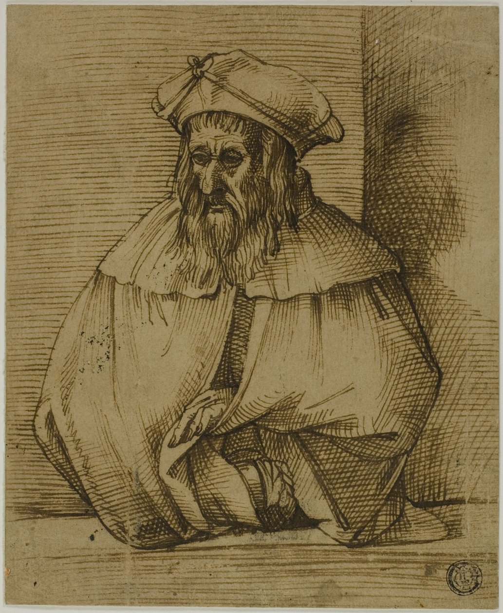 Półdługi szkic dżentelmena w kapeluszu i pelerynie autorstwa Bartolomeo Passarotti