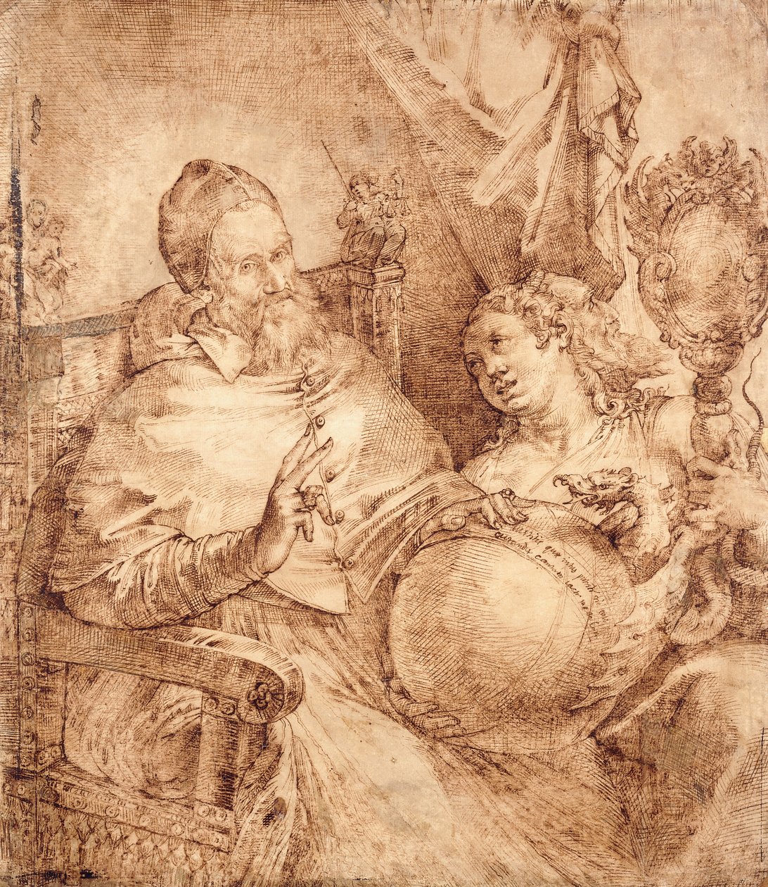 Portret papieża Grzegorza XIII długości 3/4, siedzącego w fotelu, autorstwa Bartolomeo Passarotti