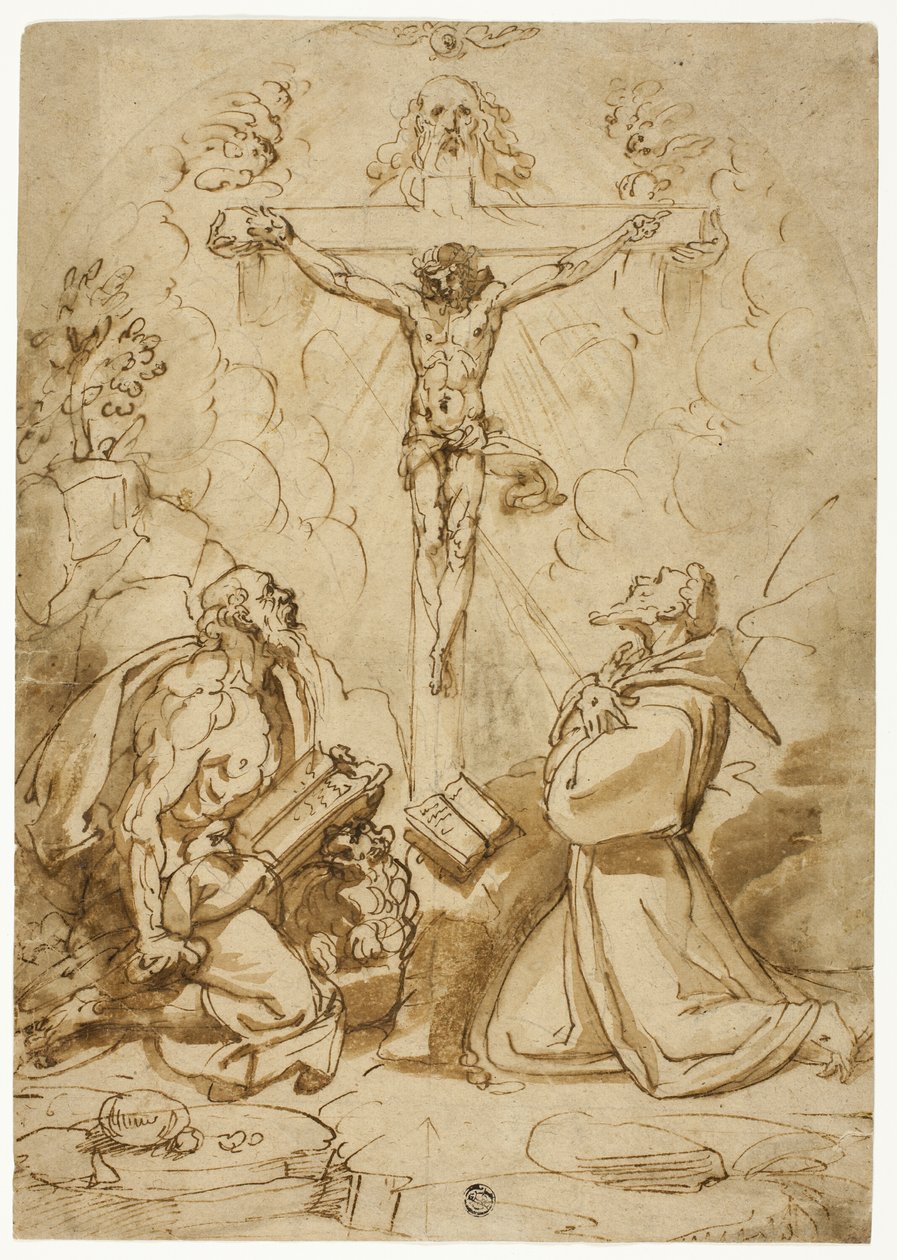 Święci Hieronim i Franciszek z Asyżu adorują Trójcę Świętą autorstwa Bartolomeo Passarotti