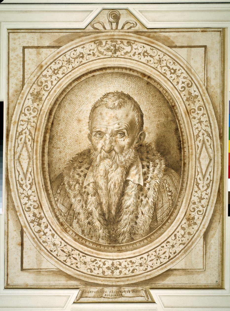 Autoportret na starość, z symulowanym oprawą (długopis i brązowy tusz na papierze) autorstwa Bartolomeo Passarotti