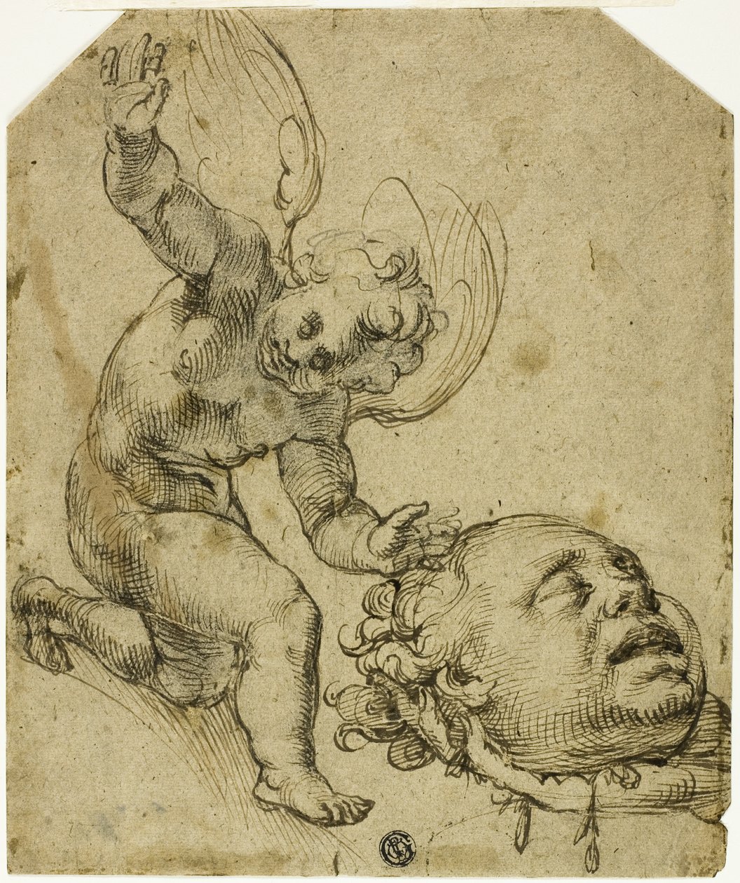 Dwa szkice: Klęczący Putto trzymający głowę (recto) Szczegóły nagiego dziecka płci męskiej (verso) autorstwa Bartolomeo Passarotti