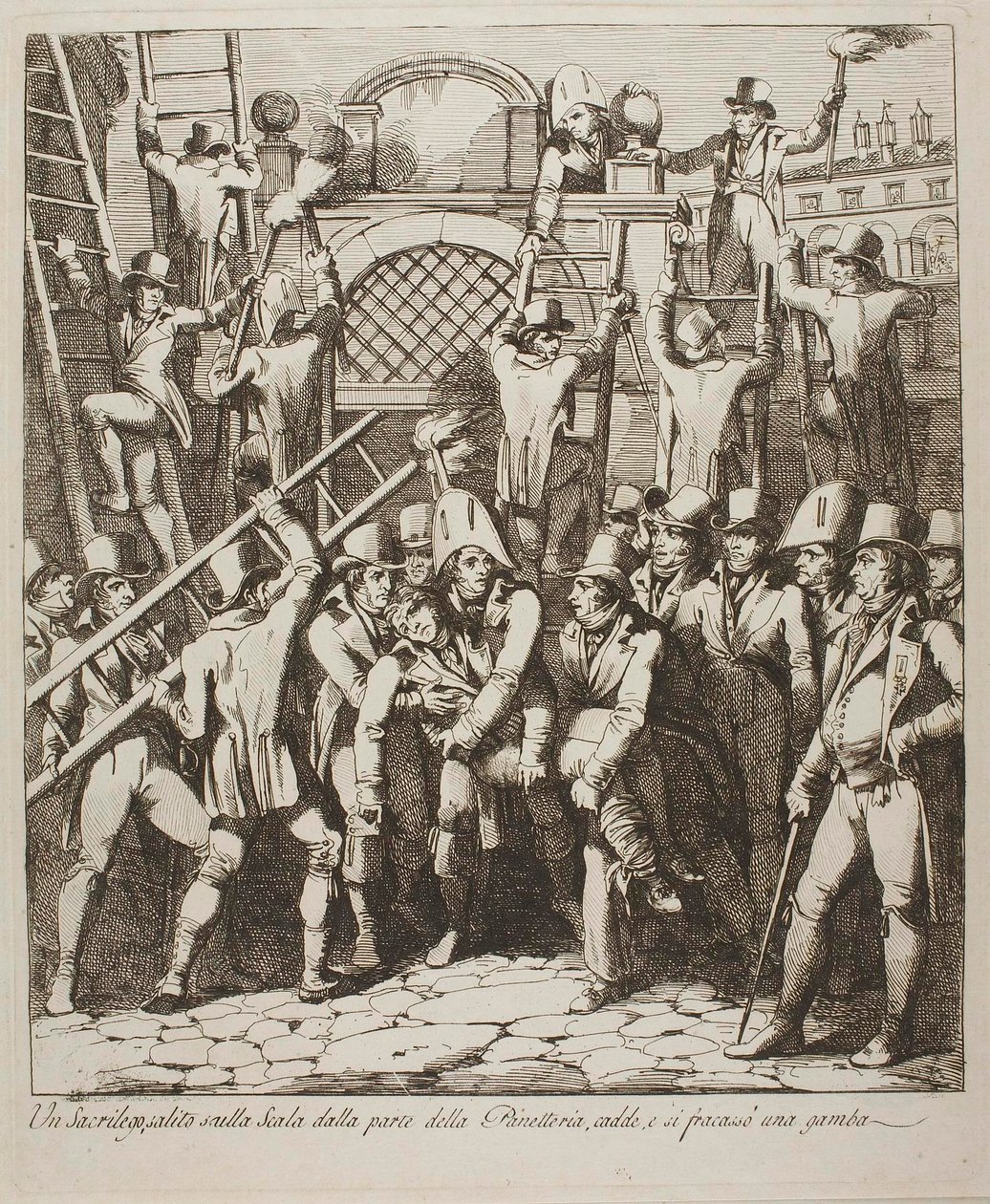 Bluźnierca łamie nogę podczas wspinania się przez mury Watykanu, 6 lipca 1809 autorstwa Bartolomeo Pinelli