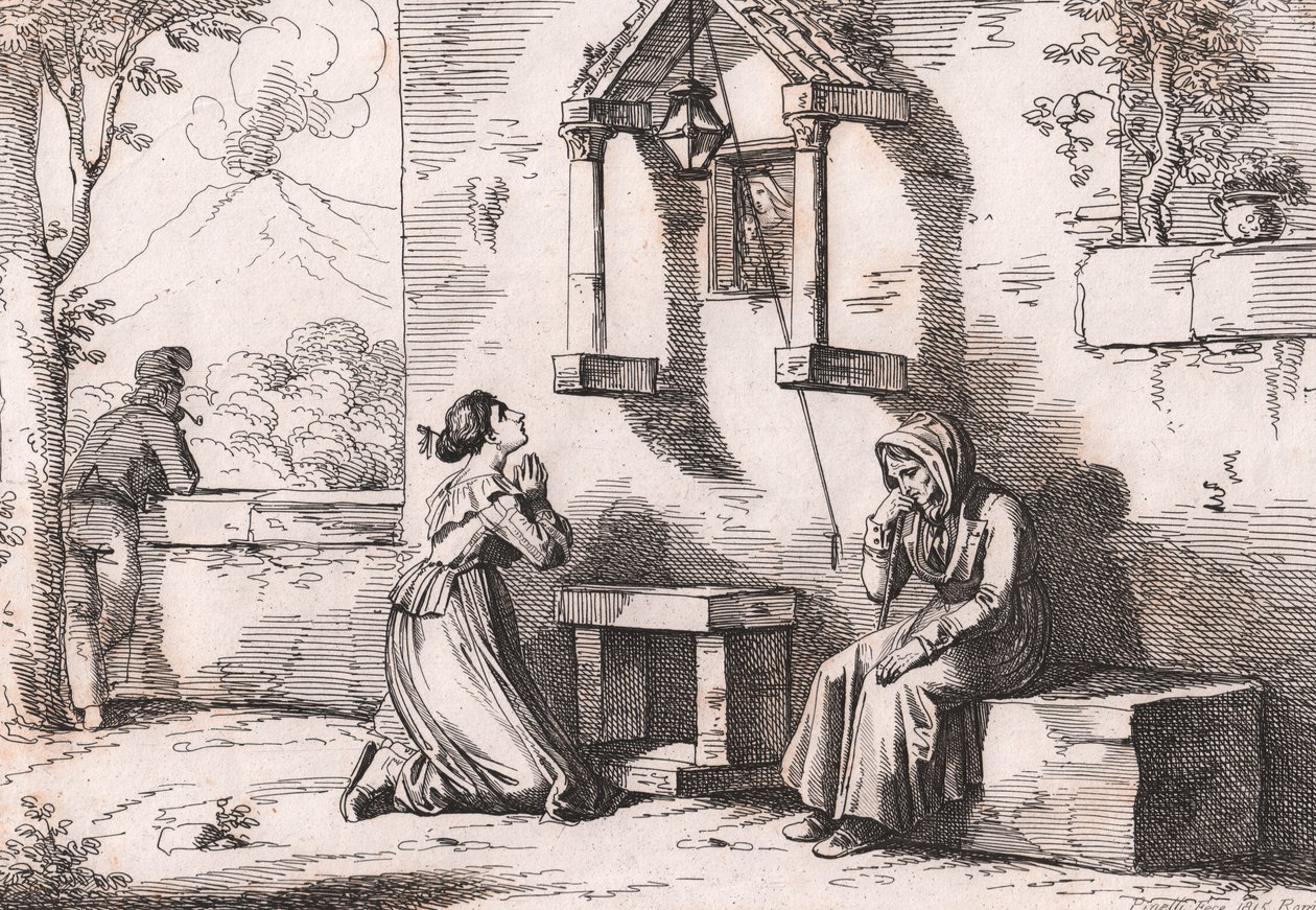 Córka modląca się do Madonny za chorą matkę, akwaforta Bartolomeo Pinelli (Rzym autorstwa Bartolomeo Pinelli
