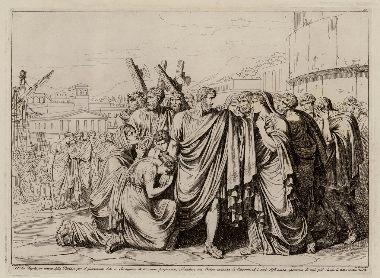 Atilius Regulus przygotowujący się do opuszczenia Rzymu i powrotu do niewoli w Kartaginie (akwaforta) autorstwa Bartolomeo Pinelli