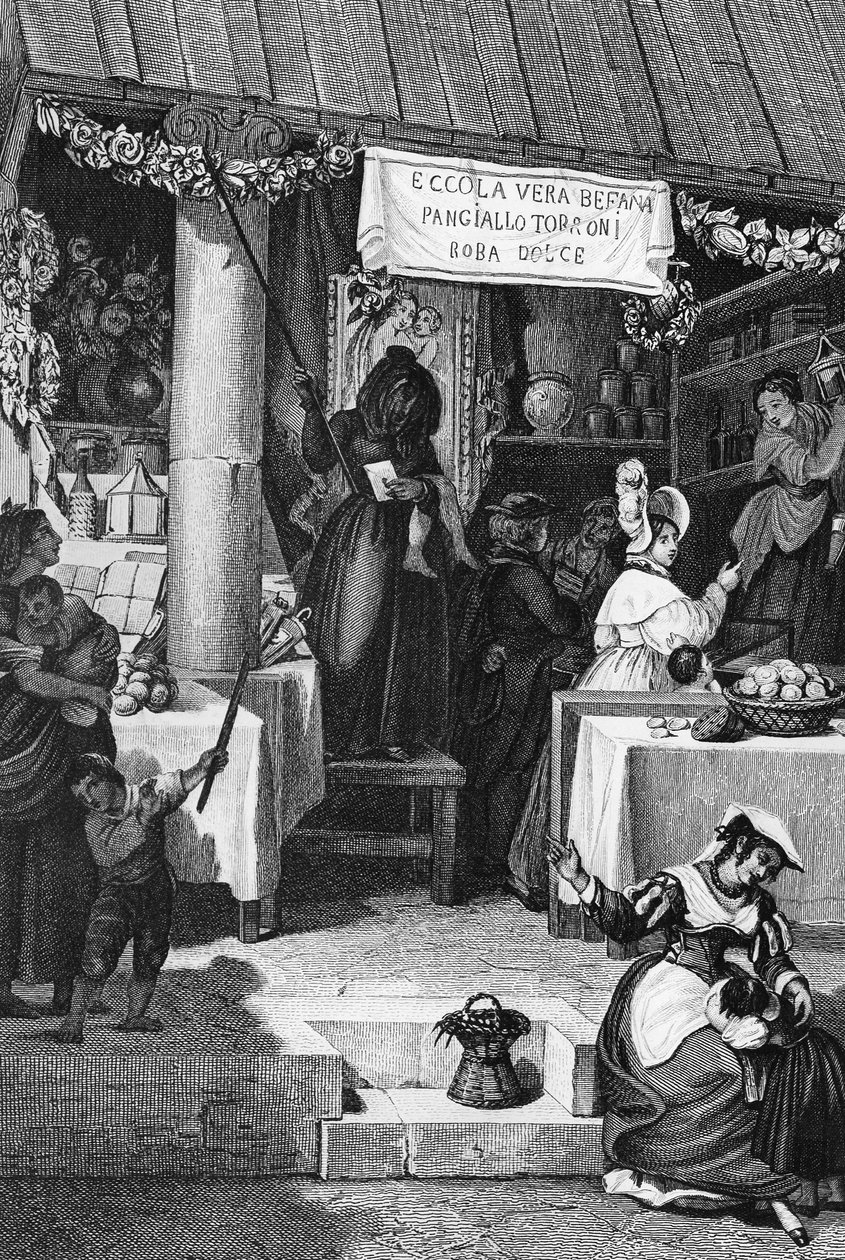 Befana (włoska wiedźma świąteczna), stragan ze słodyczami i nugatem na Piazza Navona podczas Objawienia Pańskiego, Rzym, grawer Bartolomeo Pinelli autorstwa Bartolomeo Pinelli