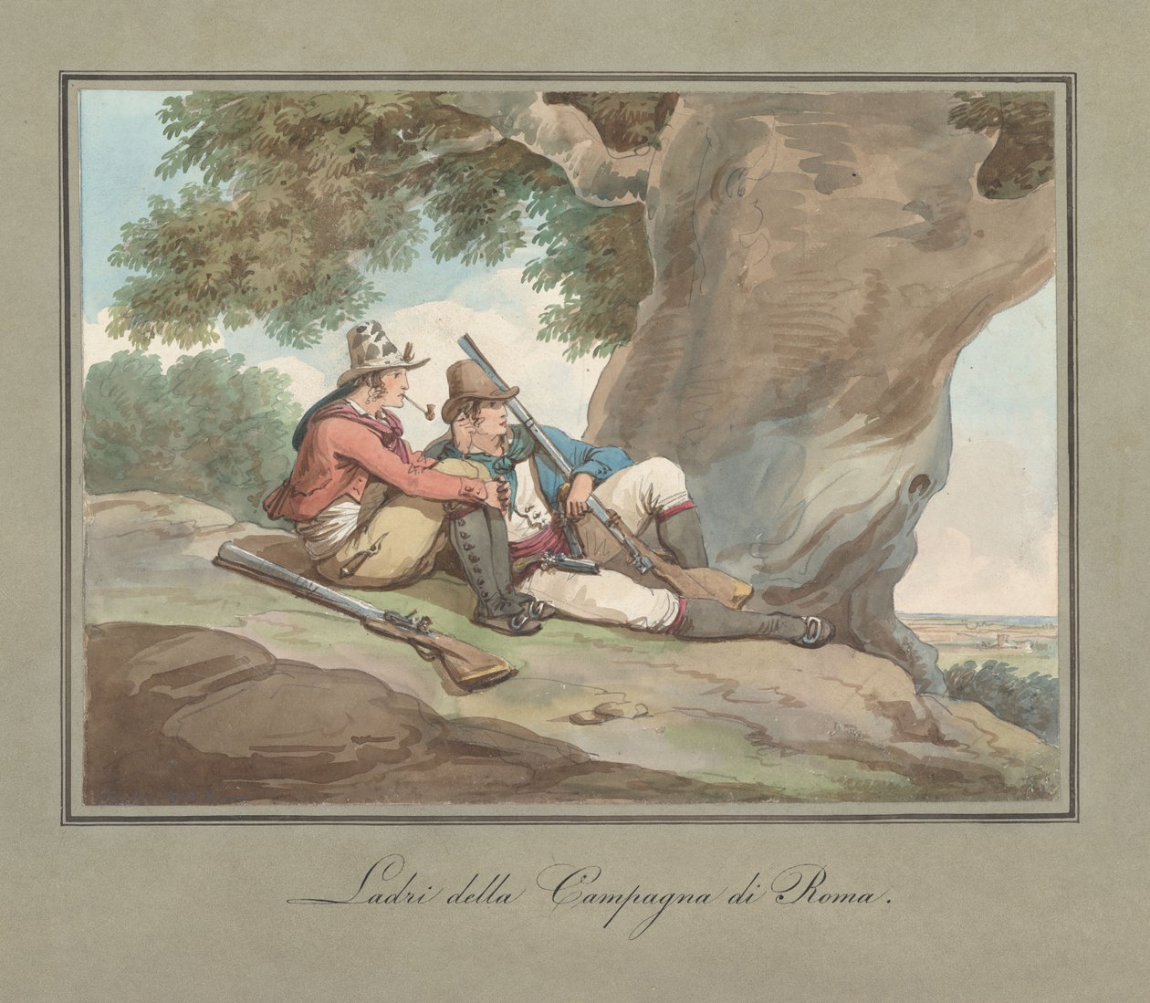 „Briganti odpoczywający w Kampanii” – ilustracja do książki „Rzymskie stroje i zwyczaje” autorstwa Bartolomeo Pinelli