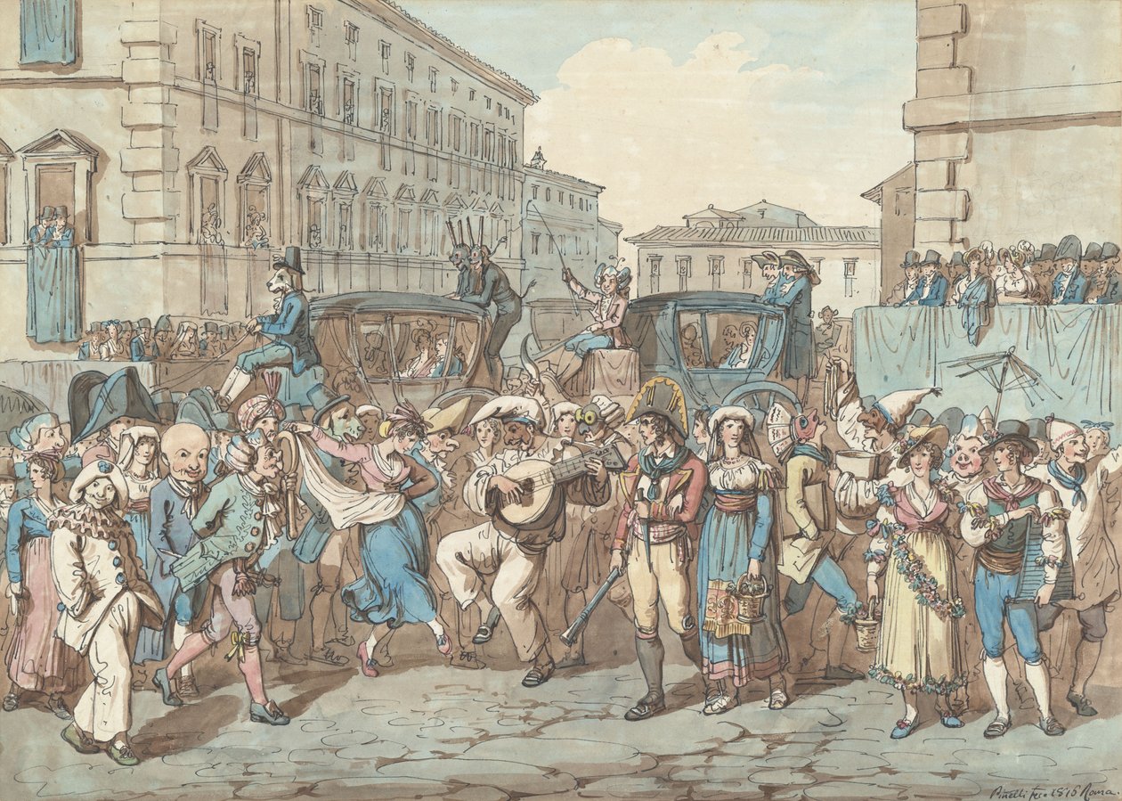 Karnawał w Rzymie, ilustracja do Rzymskich strojów i obyczajów autorstwa Bartolomeo Pinelli