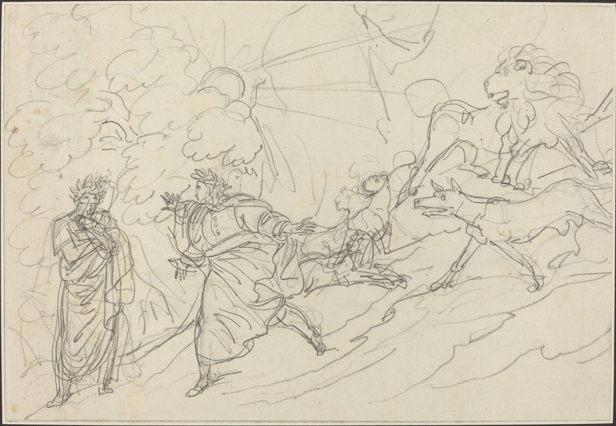 Dante ucieka przed dzikimi bestiami i spotyka Virgil autorstwa Bartolomeo Pinelli