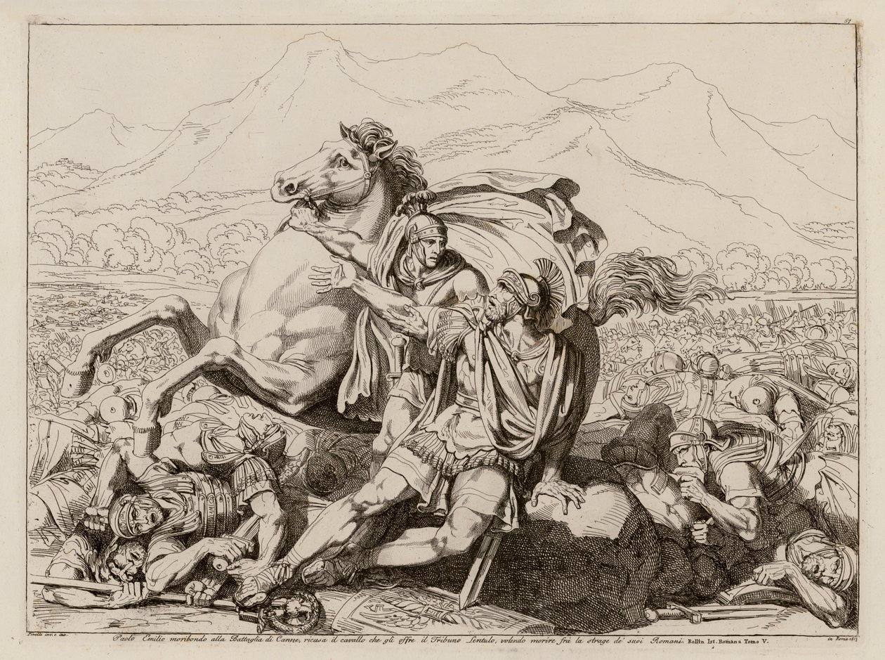Śmierć Lucjusza Aemiliusa Paullusa w bitwie pod Kannami, 216 p.n.e. (akwaforta) autorstwa Bartolomeo Pinelli