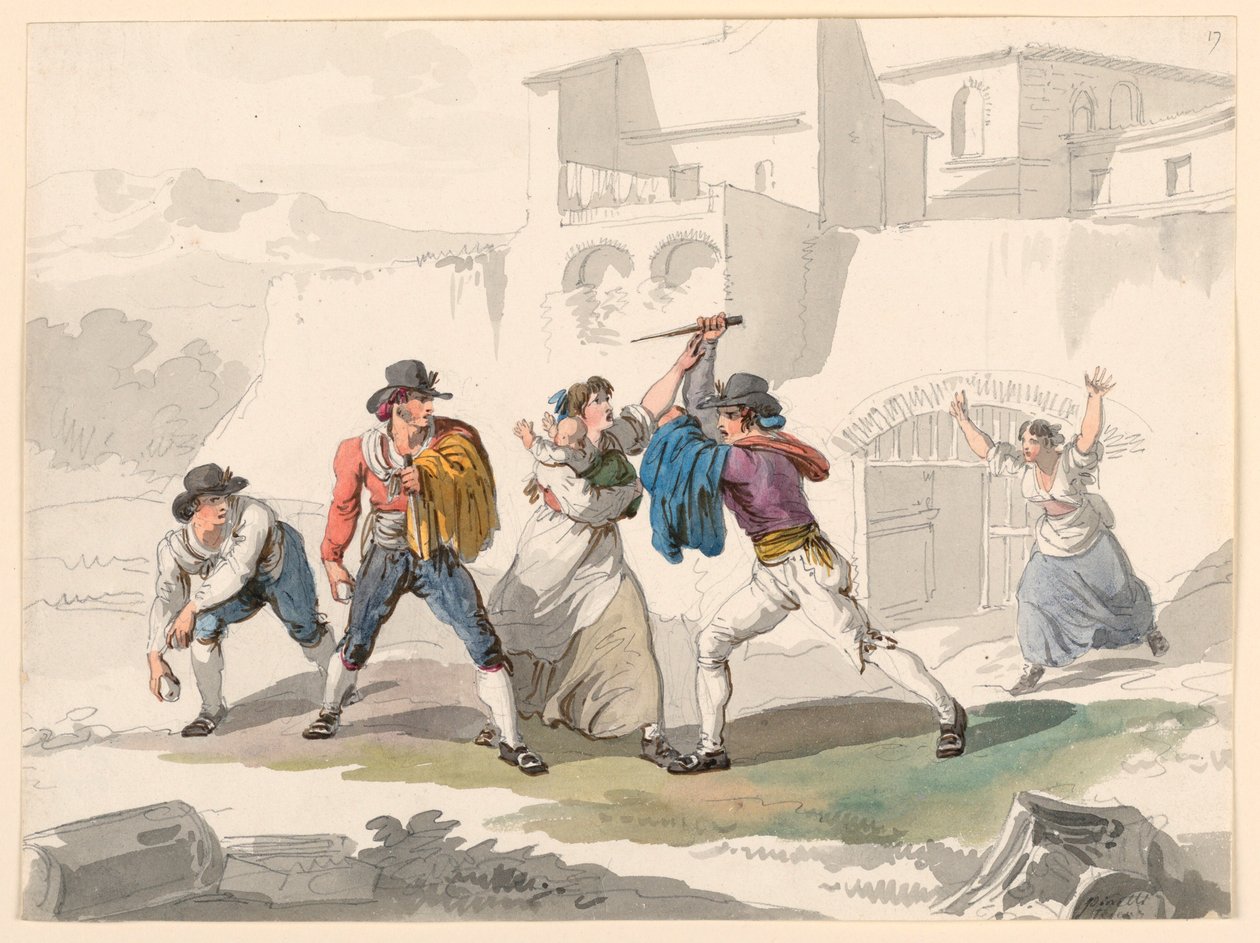Rysunek, Domowy spór w Tivoli, 1807-08 autorstwa Bartolomeo Pinelli