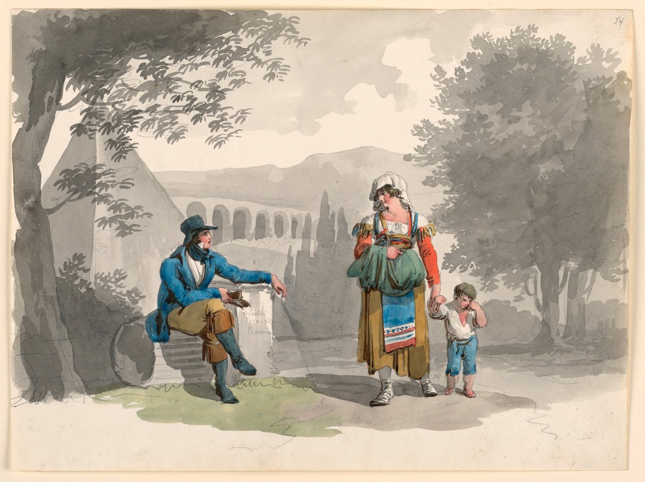 Rysunek przedstawiający kobietę trzymającą za rękę chłopca mijającą dżentelmena siedzącego wśród ruin w Campagna, 1807 r. autorstwa Bartolomeo Pinelli