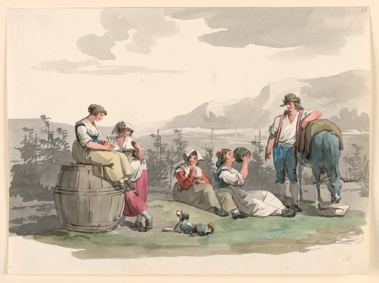 Rysunek, odpoczynek podczas winobrania, 1807-08 autorstwa Bartolomeo Pinelli