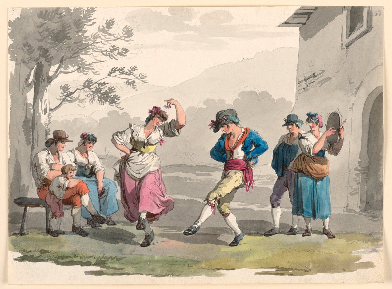 Rysunek "Saltarello Romano", Tańczący chłopi w okolicach Rzymu, 1807-08 autorstwa Bartolomeo Pinelli