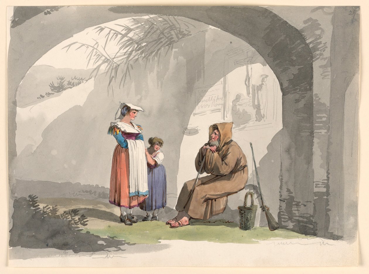 Rysunek, Dwie dziewczyny z Frascati odwiedzają pustelnika, 1807 r. autorstwa Bartolomeo Pinelli